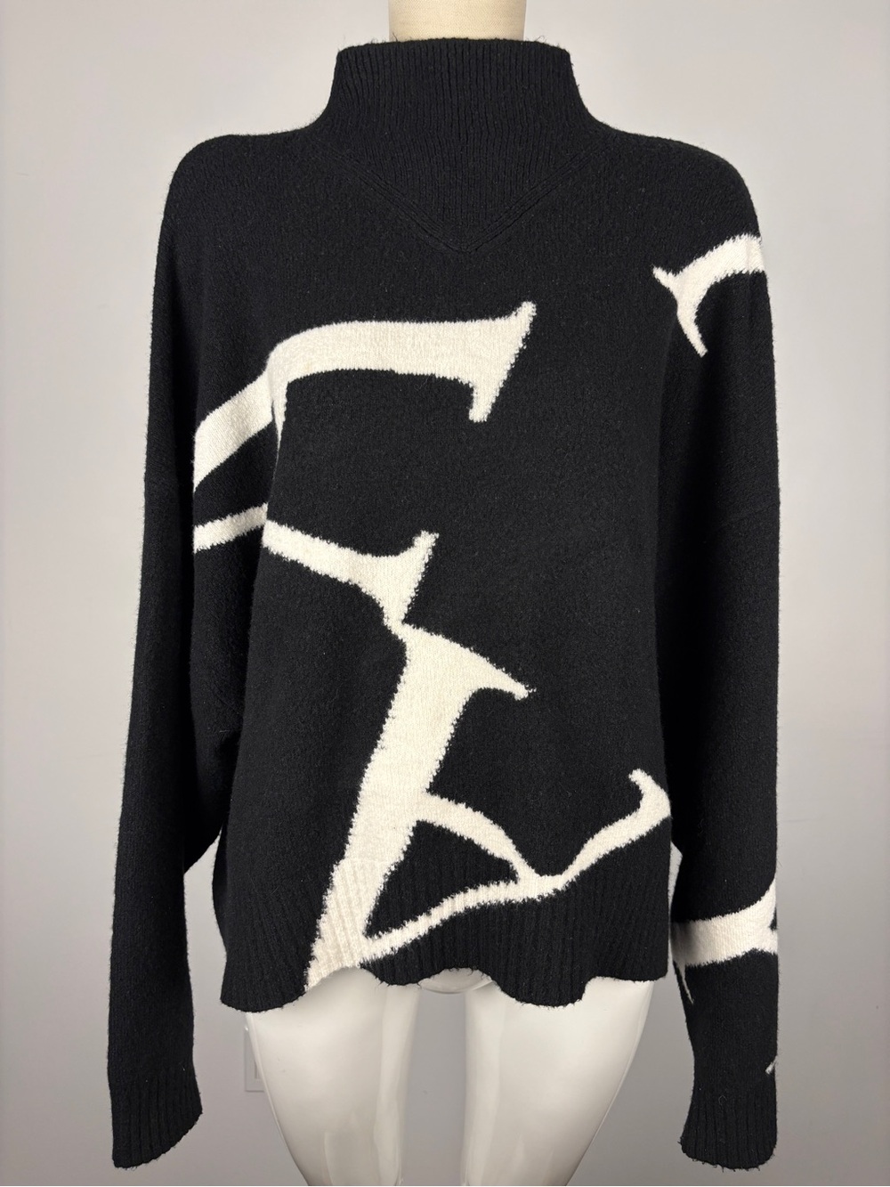 AllSaints Black A Star Wool Blend Jumper Mock Roll Neck Graphic Knit L